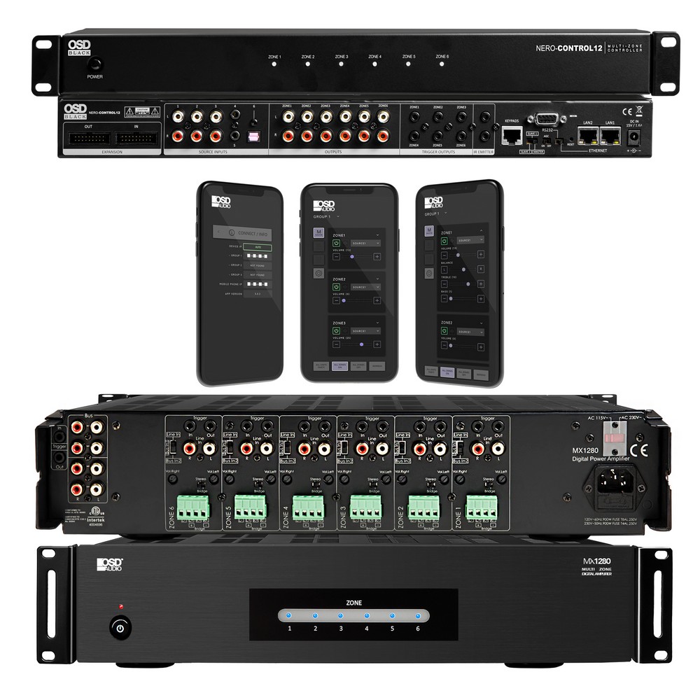 Nero Control12 6-Zone App-Controlled Matrix + MX1280 12-Channel 80W/ Channel Power Amplifier Bundle